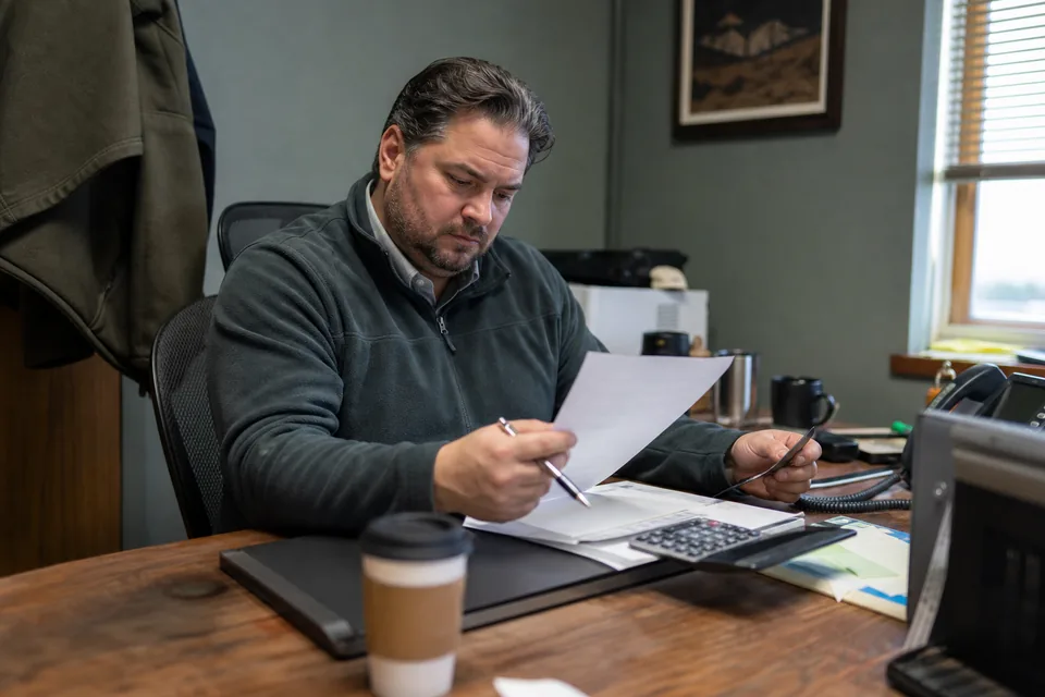 Service desk manager reviewing a software quote with a calculator