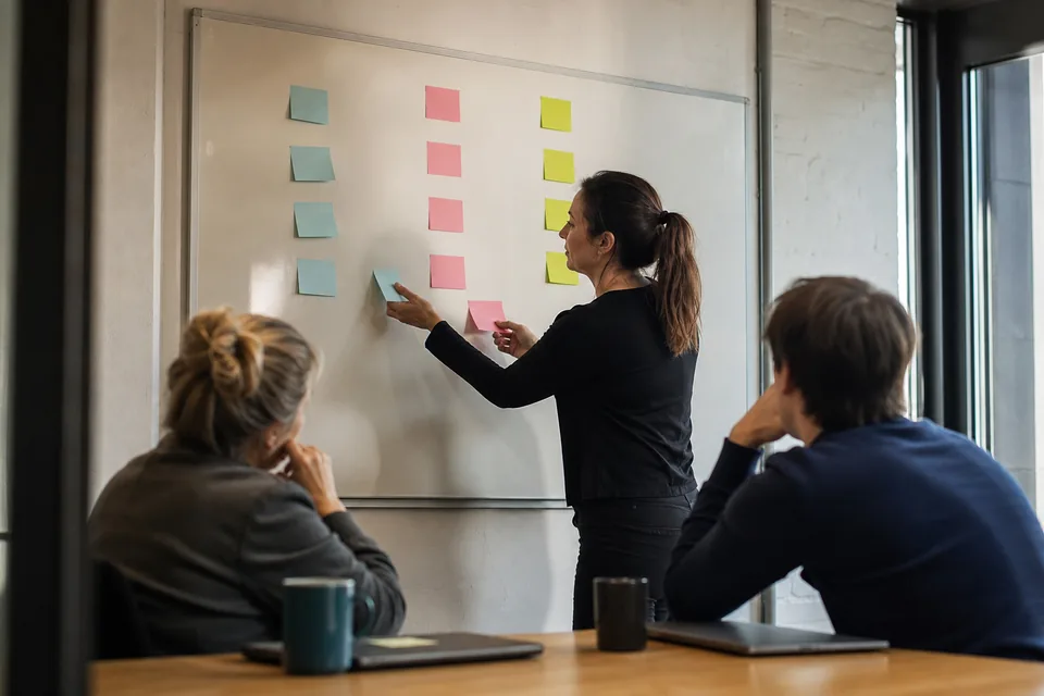 Team lead sorting blank sticky notes into columns on a whiteboard while two coworkers watch