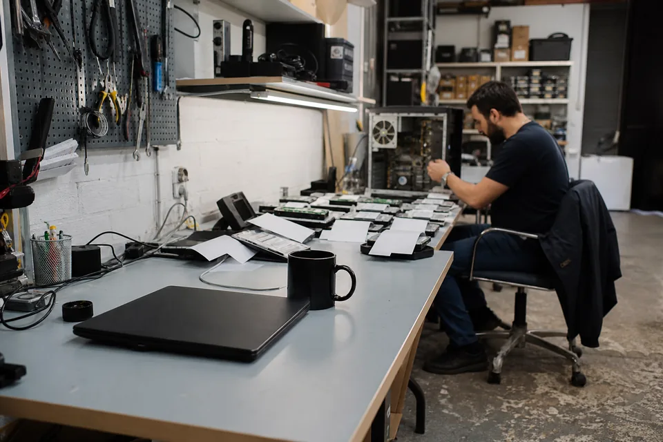Empty technician bench next to a coworker repairing a computer with several tagged devices waiting