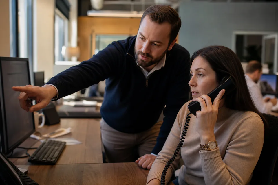 Sales manager and account executive reviewing newly assigned accounts at a desk