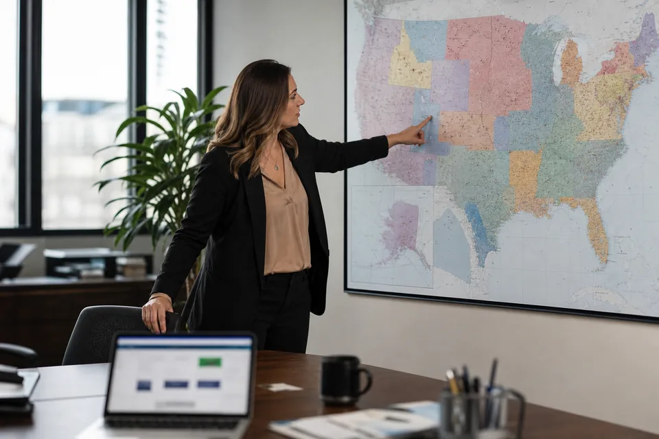 Sales operations manager reviewing a map of US sales territories next to a laptop